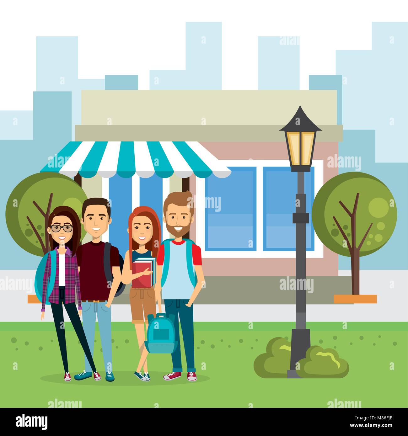 group of people outside market vector illustration design Stock Vector