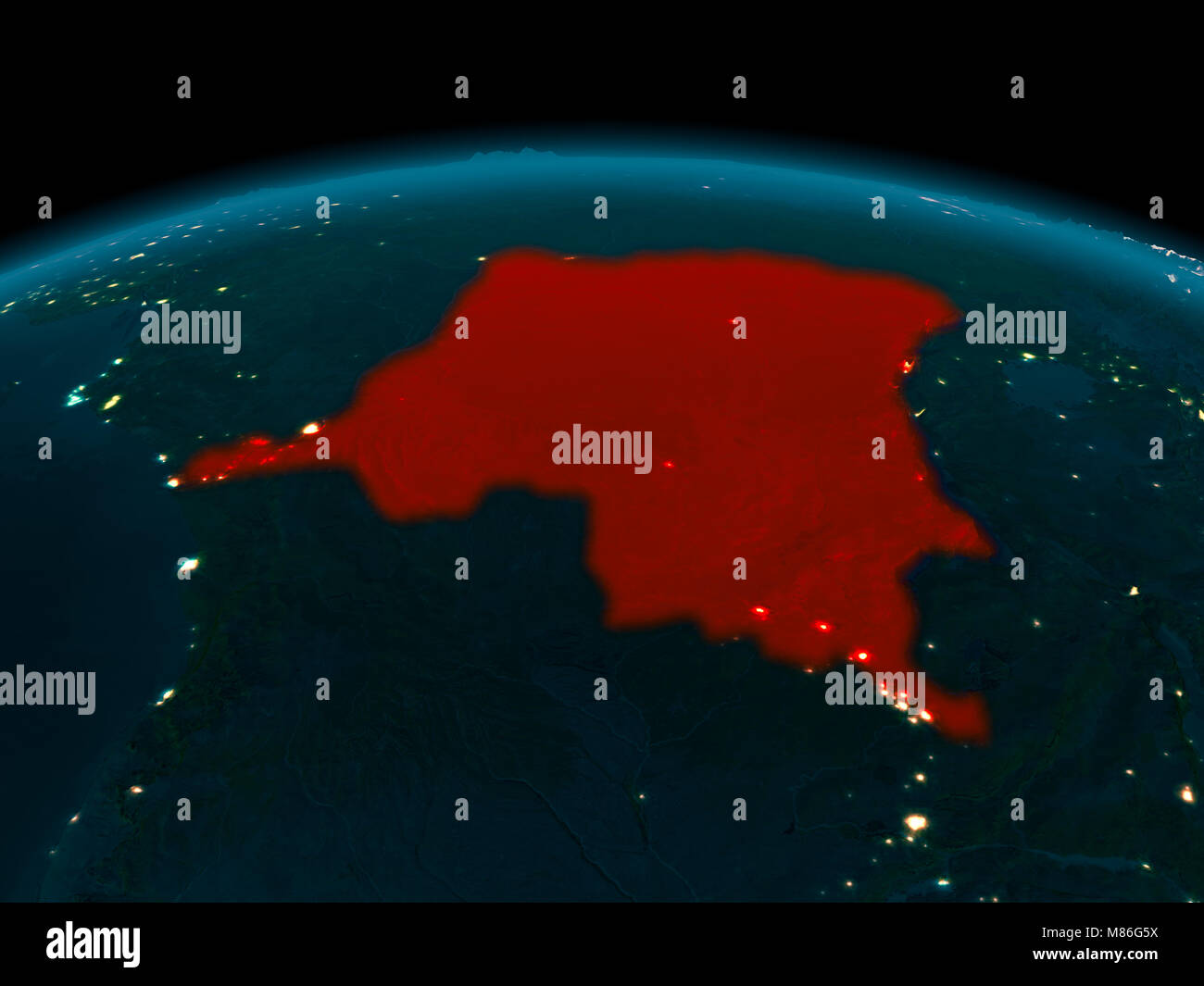 Country of Democratic Republic of Congo in red on planet Earth at night ...