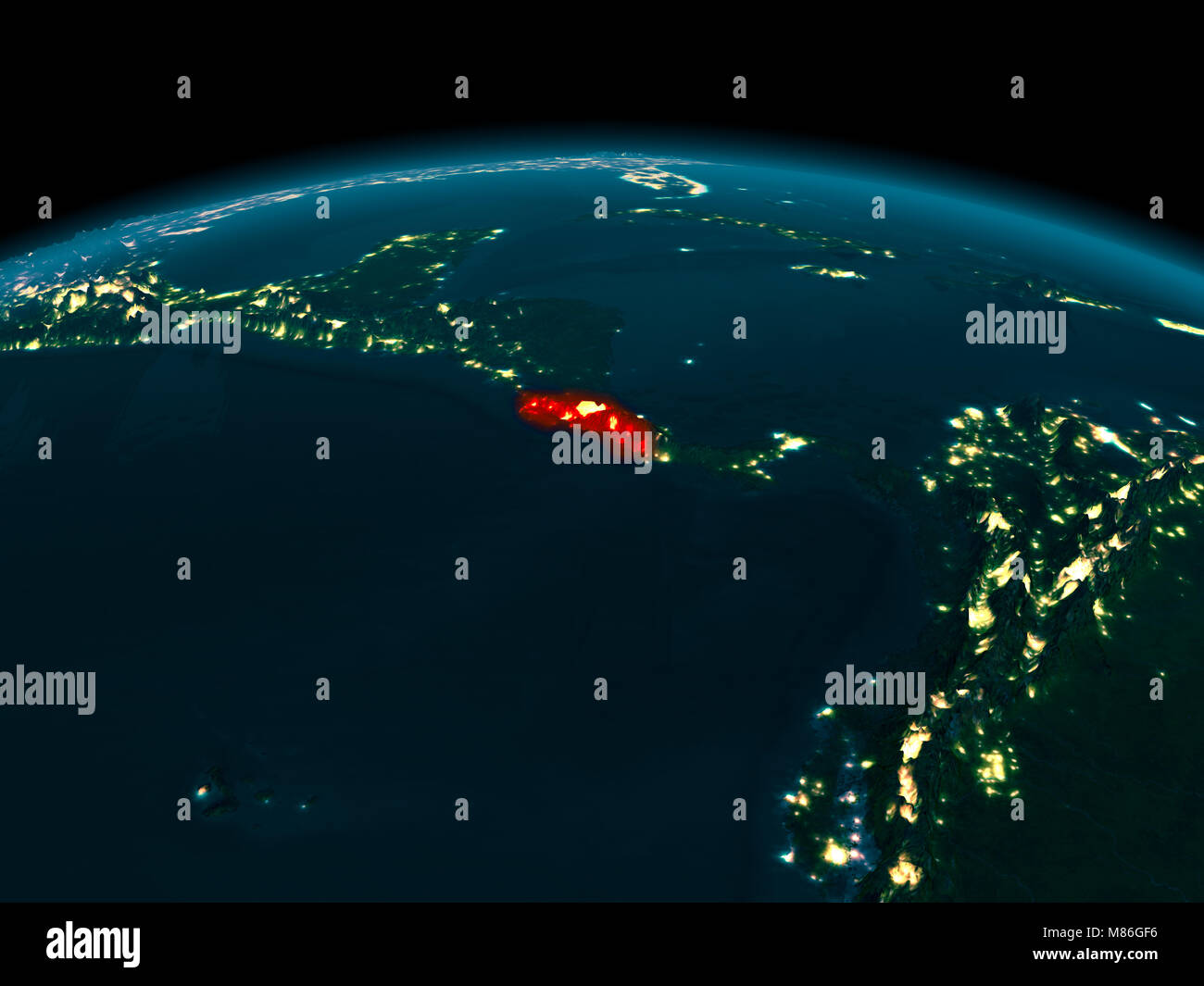 Country of Costa Rica in red on planet Earth at night. 3D illustration ...