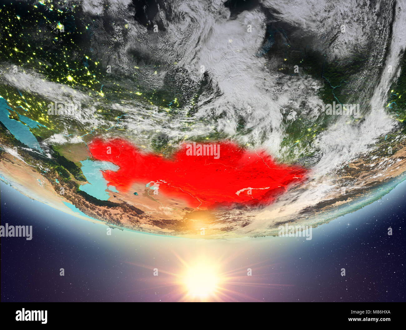 Kazakhstan during sunrise highlighted in red on planet Earth with ...