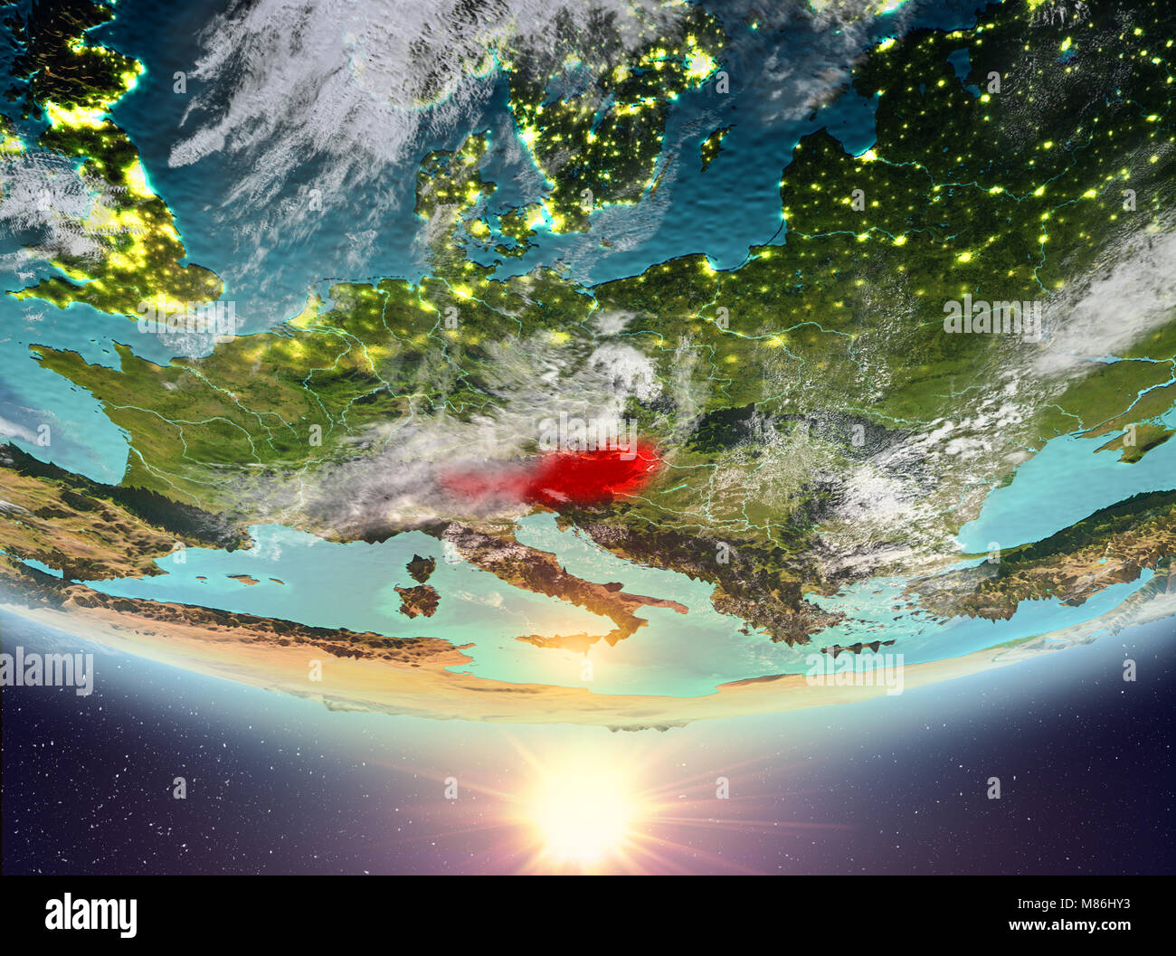 Austria during sunrise highlighted in red on planet Earth with clouds ...