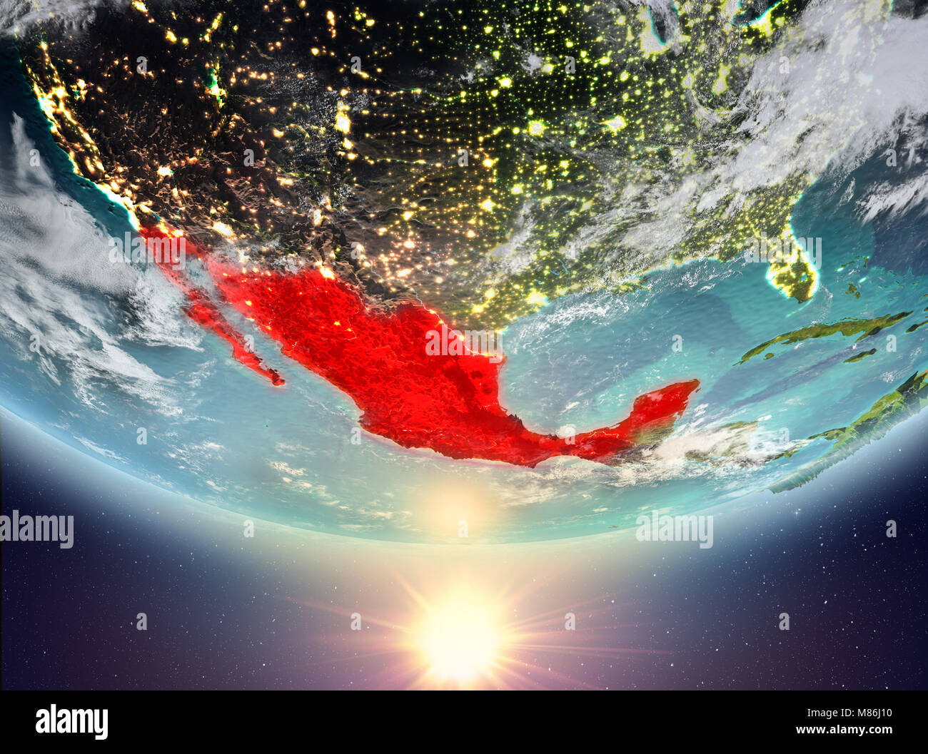 Mexico during sunrise highlighted in red on planet Earth with clouds ...