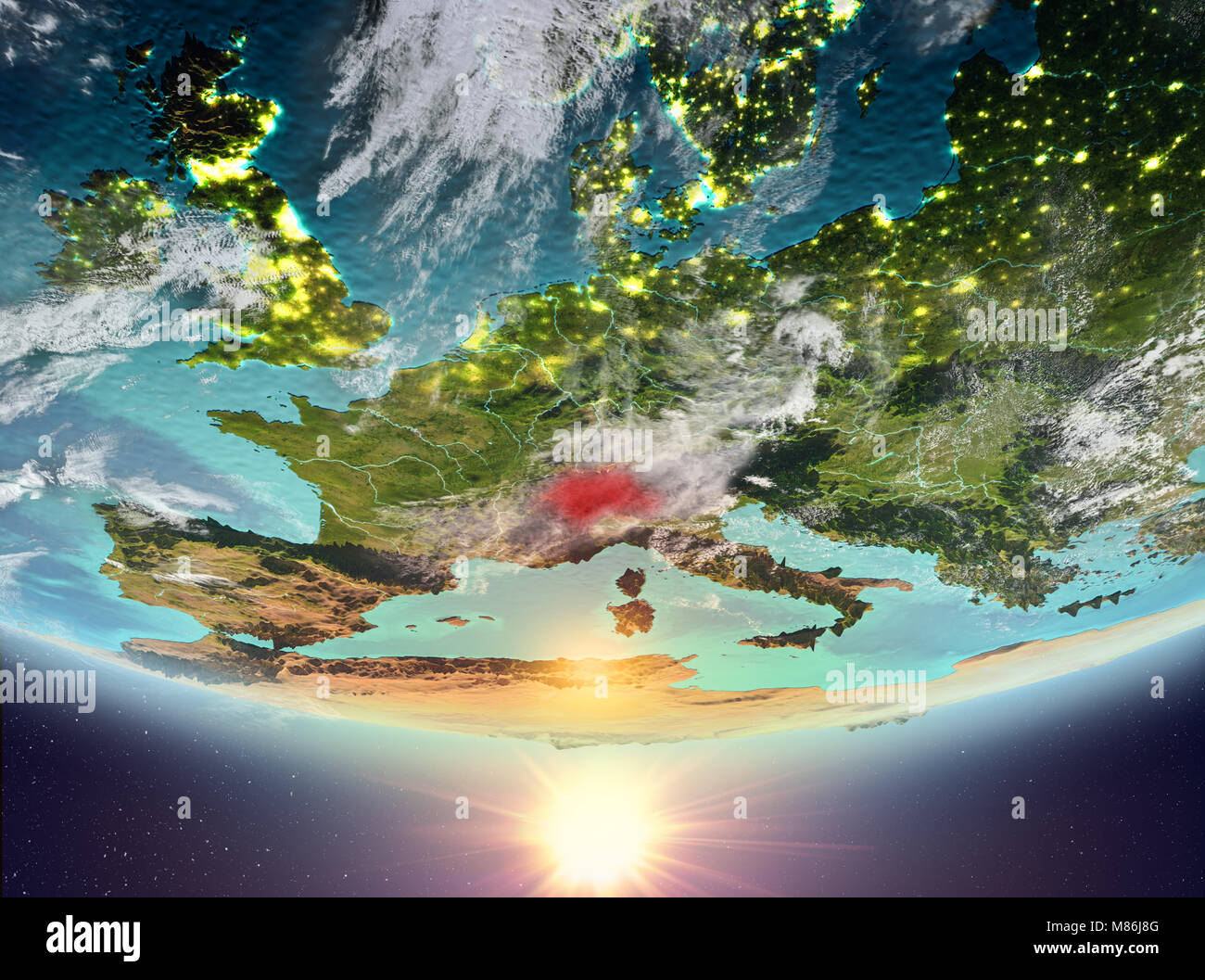 Switzerland during sunrise highlighted in red on planet Earth with ...