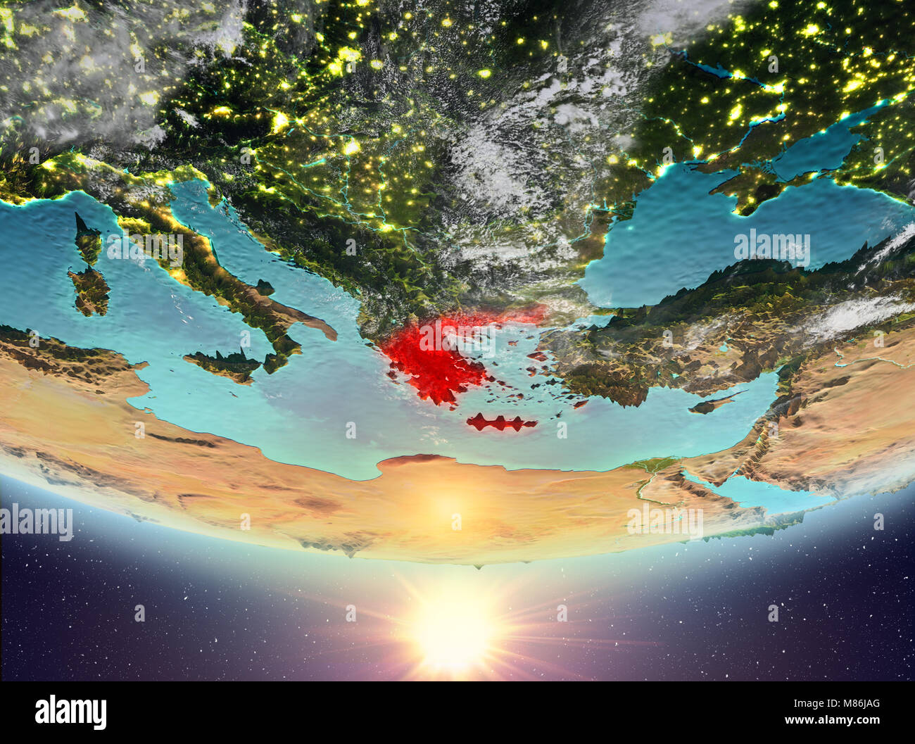 Greece during sunrise highlighted in red on planet Earth with clouds ...