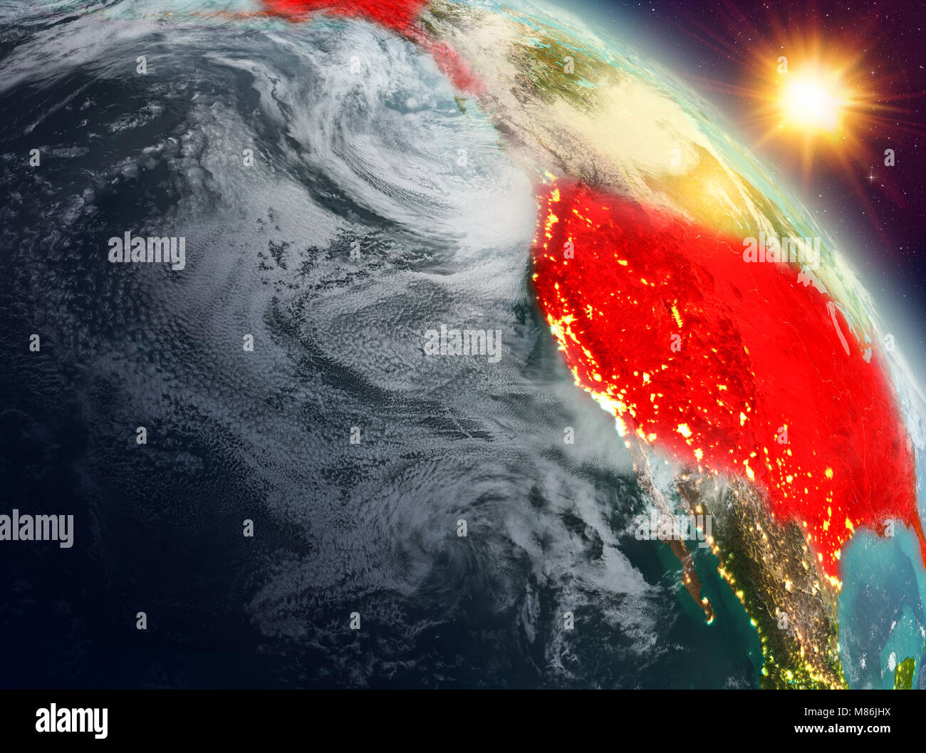 Sunrise above USA highlighted in red on model of planet Earth in space ...