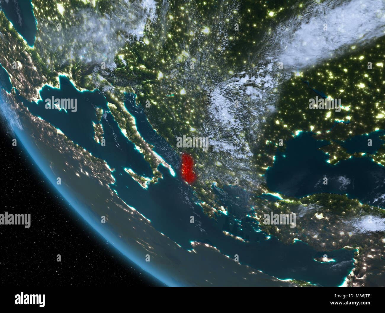 Albania At Night Highlighted In Red On Planet Earth With Clouds 3D 