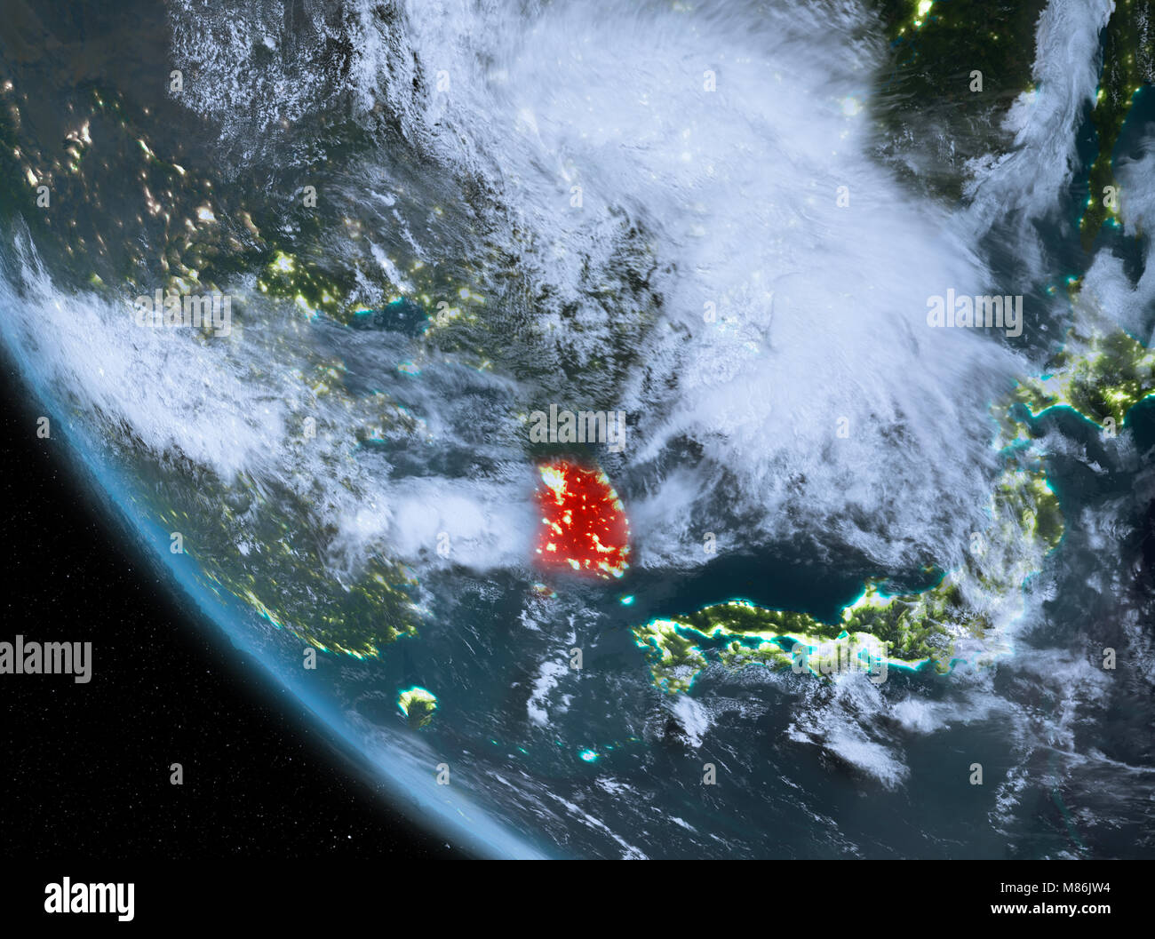South Korea at night highlighted in red on planet Earth with clouds. 3D ...