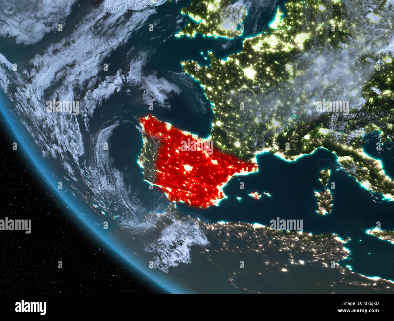 Spain at night highlighted in red on planet Earth with clouds. 3D ...