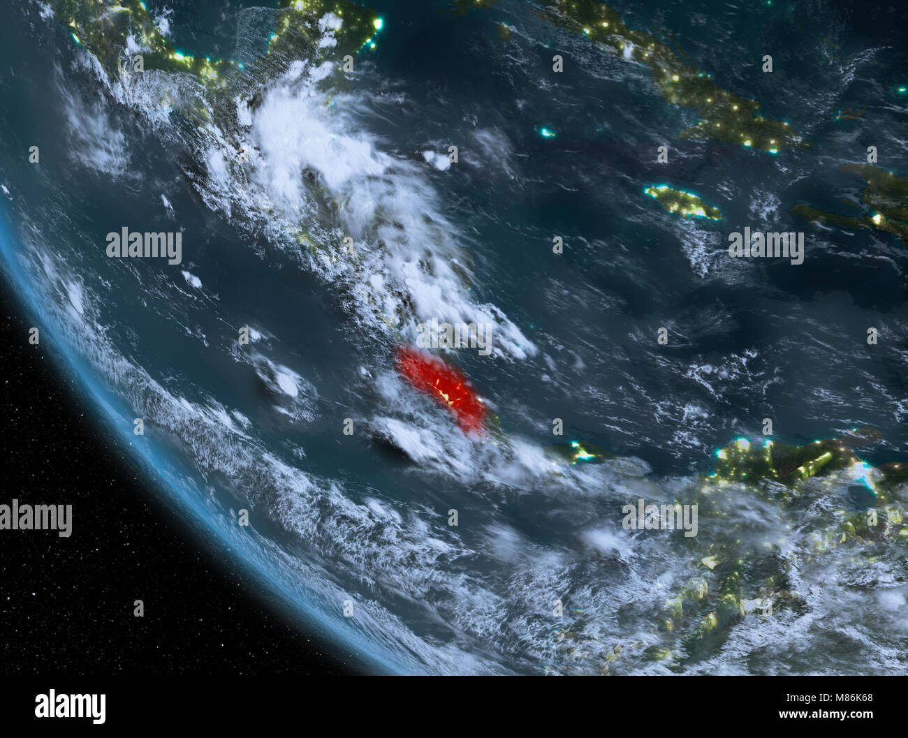 Costa Rica at night highlighted in red on planet Earth with clouds. 3D ...