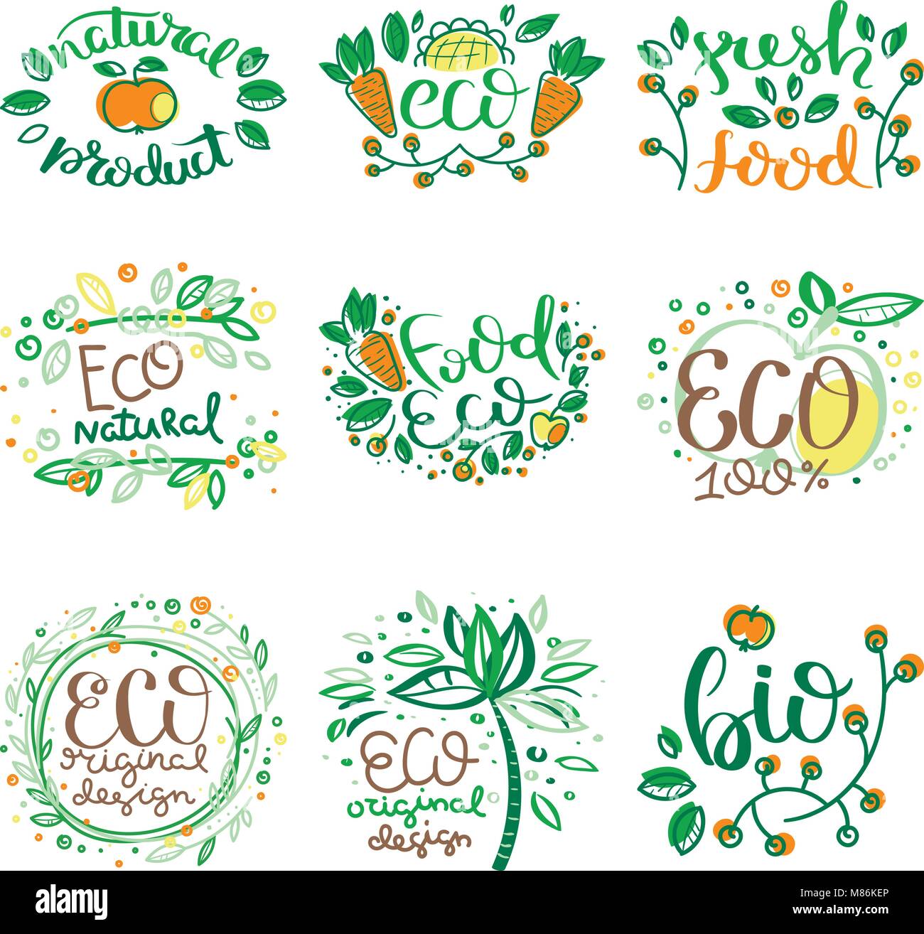 Eco vector organic labels, bio emblems for stickers and restaurants ...