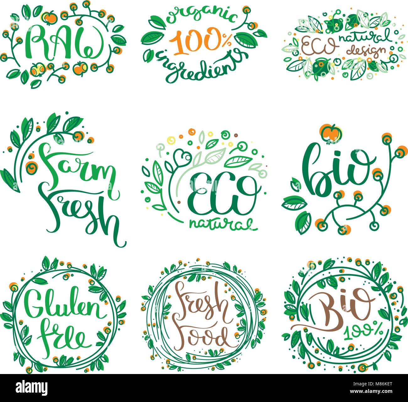 Eco vector organic labels, bio emblems for stickers and restaurants ...
