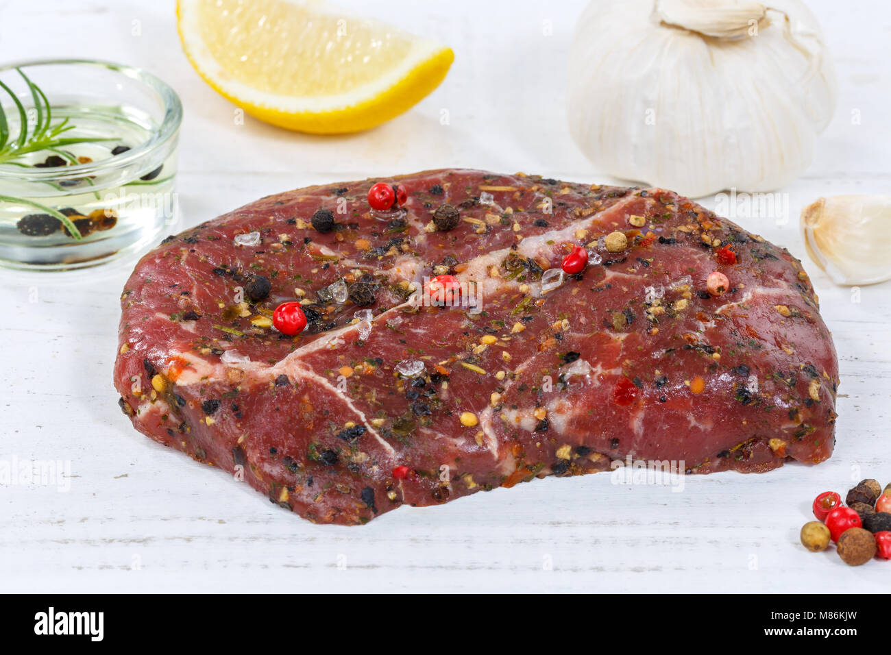 Meat raw beef steak wooden board wood Stock Photo