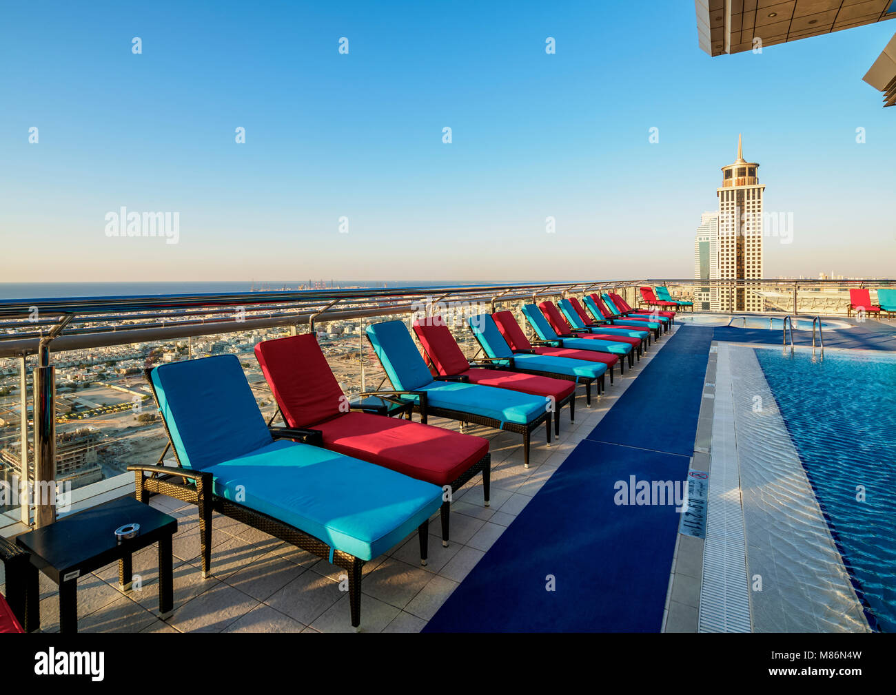 Rooftop Swimming Pool, Dubai International Financial Centre at sunset, elevated view, Dubai