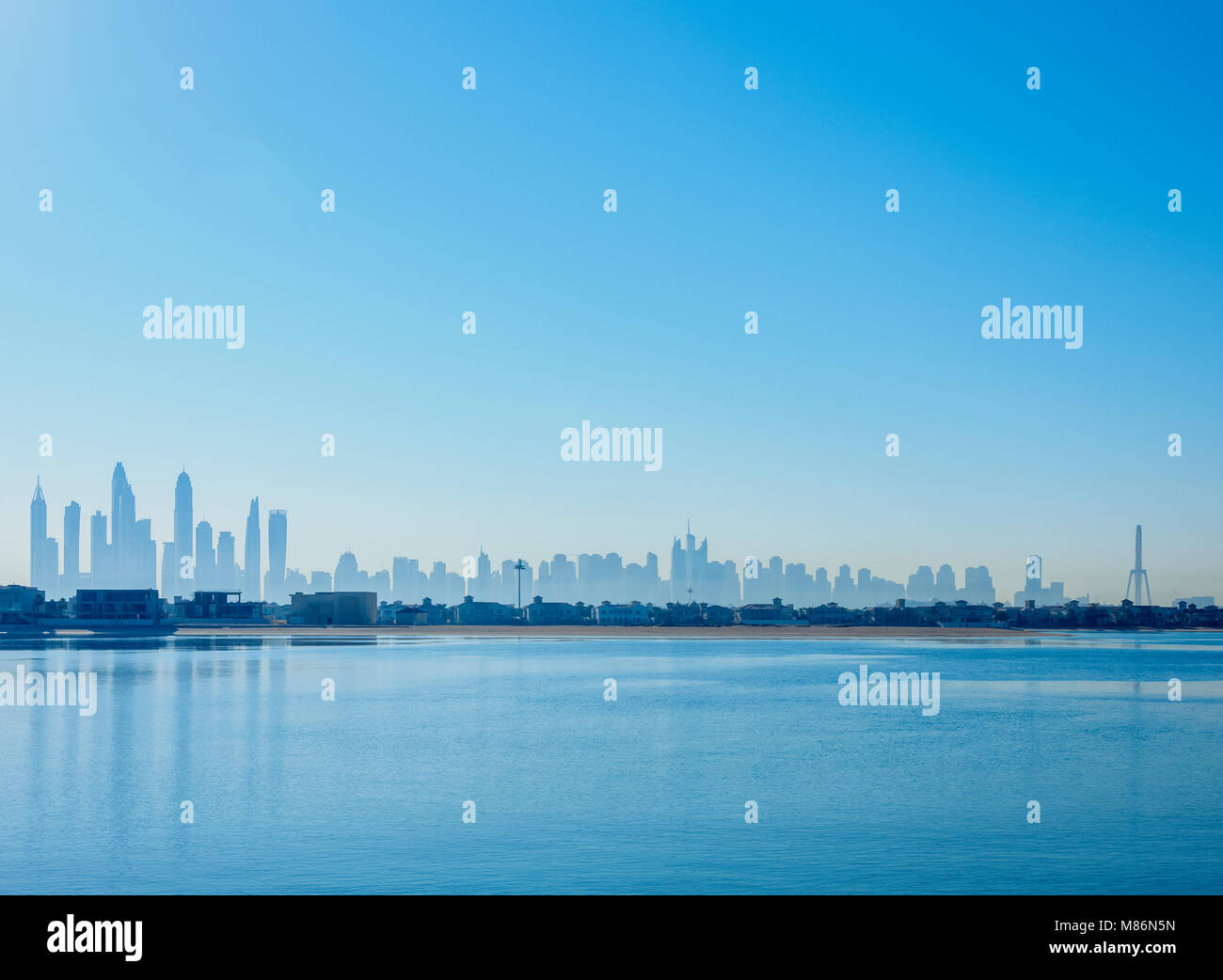 Dubai Marina seen from Palm Jumeirah artificial island, Dubai, United Arab Emirates Stock Photo