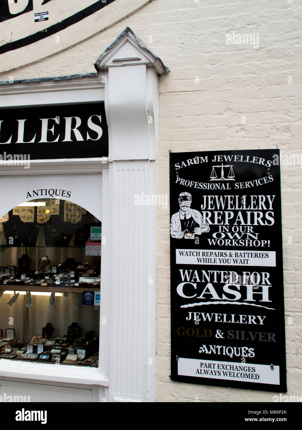 Sarum jewellers Professional Services, repairs in their own workshop advertising board and window display Stock Photo