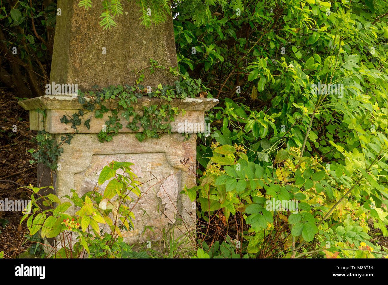 Old stone monument overgrown with weeds in a church graveyard, Menai Straits, Anglesey, Wales Stock Photo