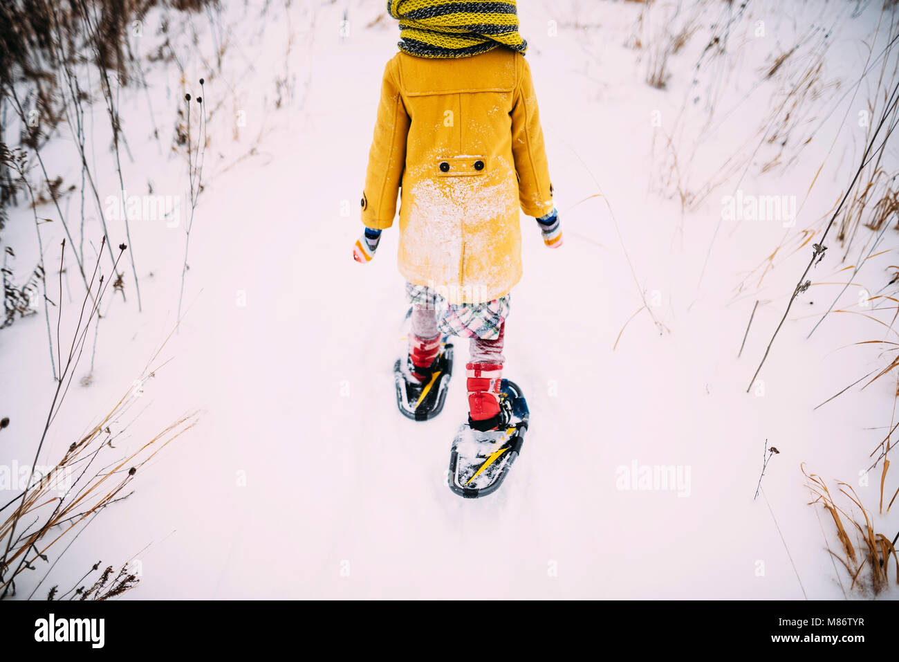 Girl walking in the snow wearing snowshoes Stock Photo Alamy