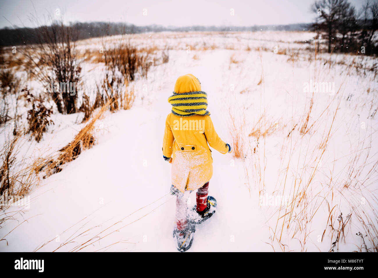 Girl walking in the snow wearing snowshoes Stock Photo Alamy