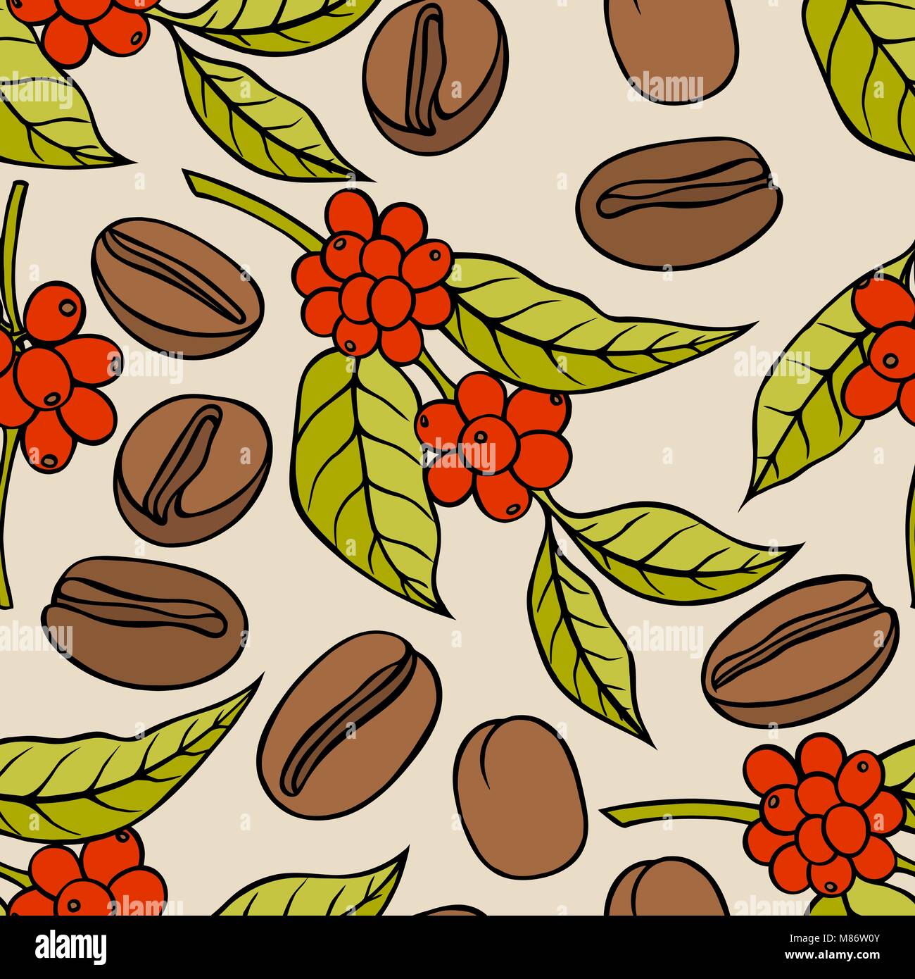 Seamless pattern with colorful hand drawn coffee tree branches Stock ...
