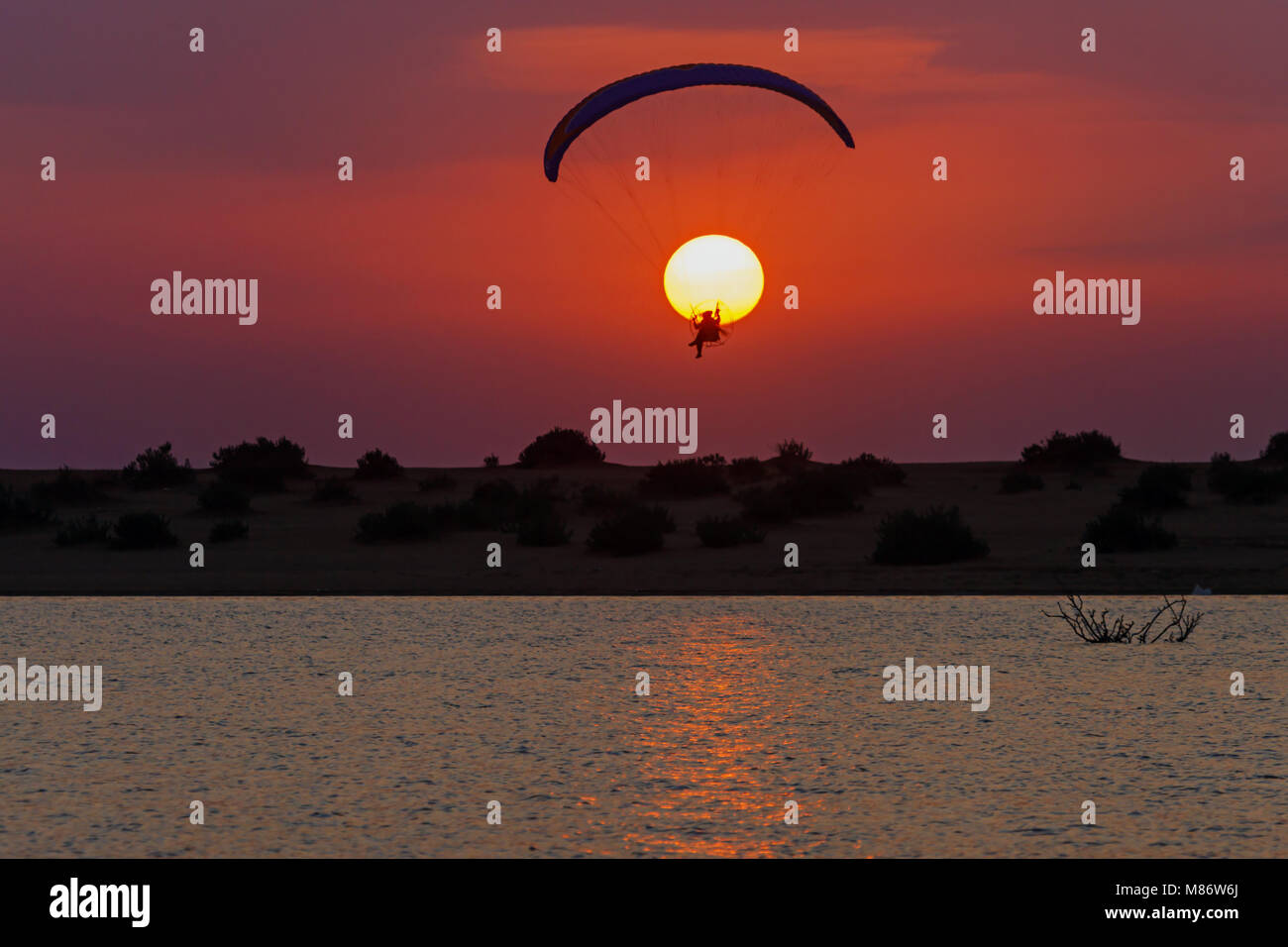 Silhouette of a paraglider at sunset, Riyadh, Saudi Arabia Stock Photo