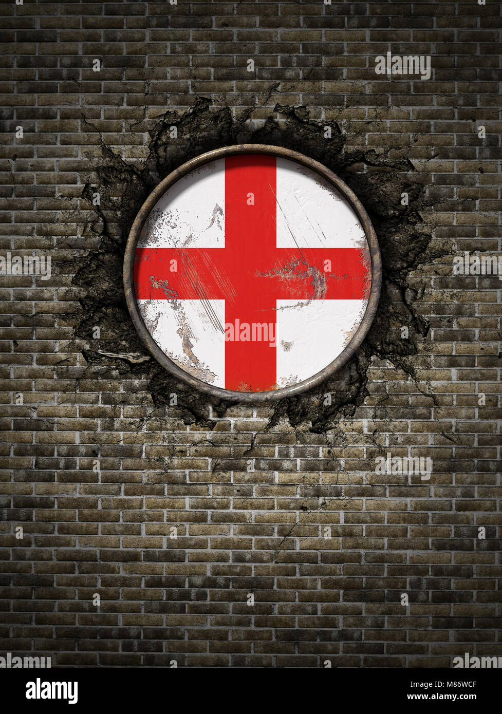3d rendering of an England flag over a rusty metallic plate embedded on ...