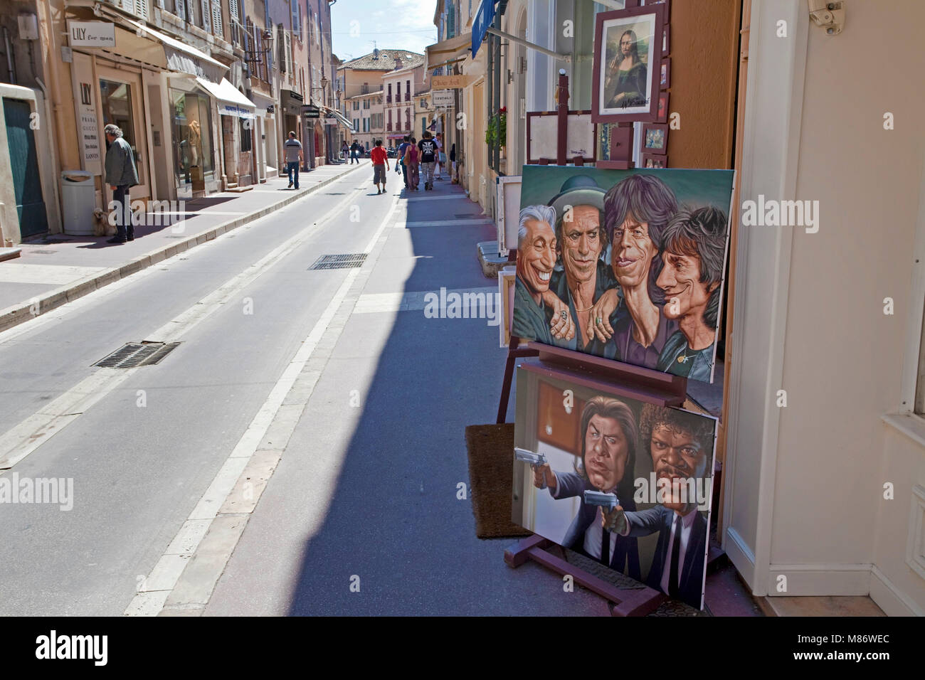 Caricature of the Rolling at a art gallery, old town of Saint-Tropez, french riviera, South France, Cote d'Azur, France, Europe Stock Photo