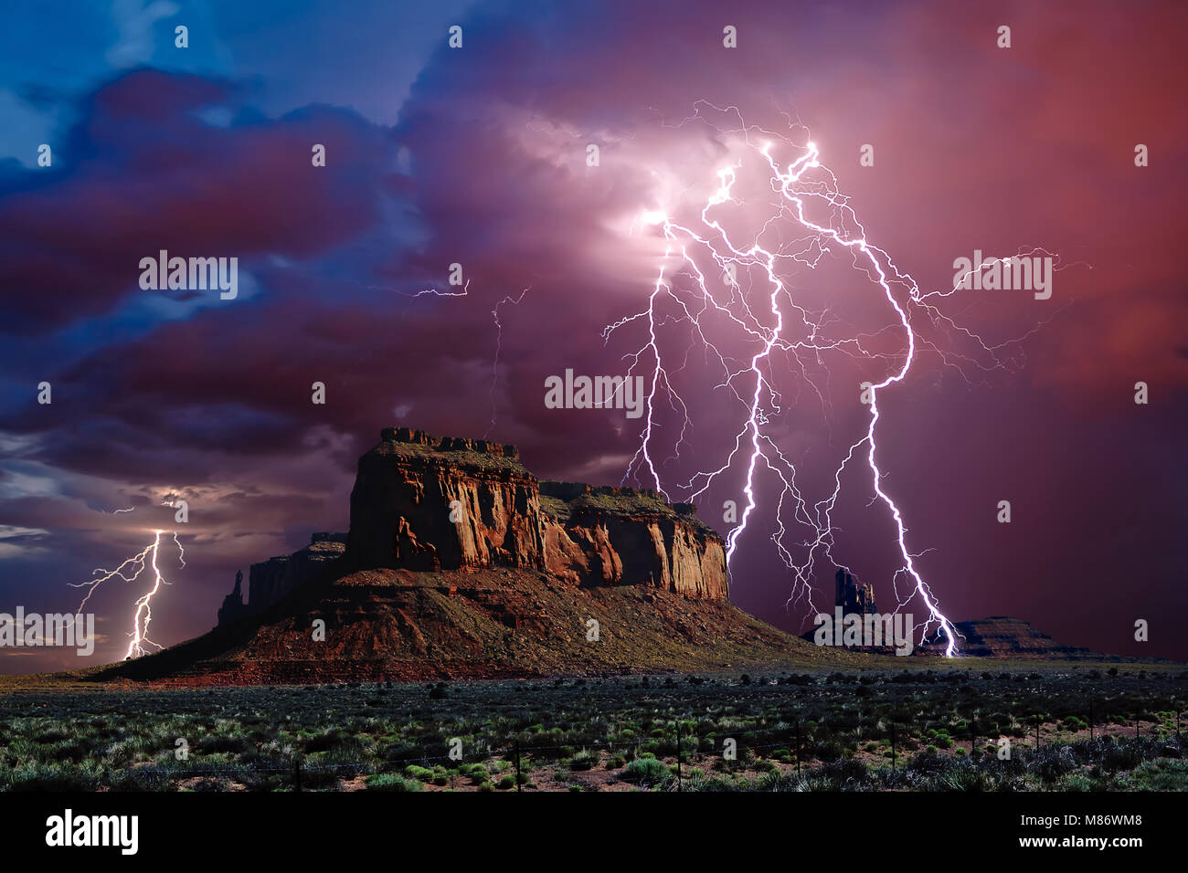Lightning storm over Eagle Mesa, Monument Valley,  Arizona, United States Stock Photo