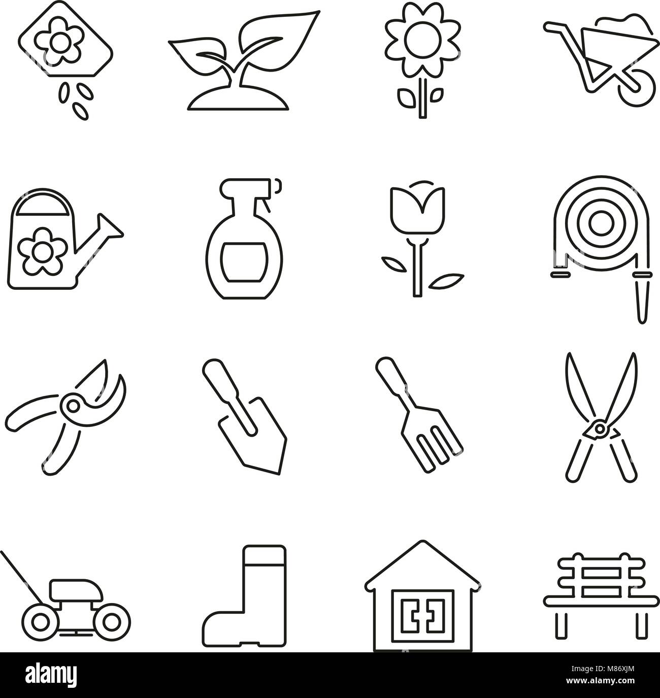Gardening Tools & Equipment Icons Thin Line Vector Illustration Set ...