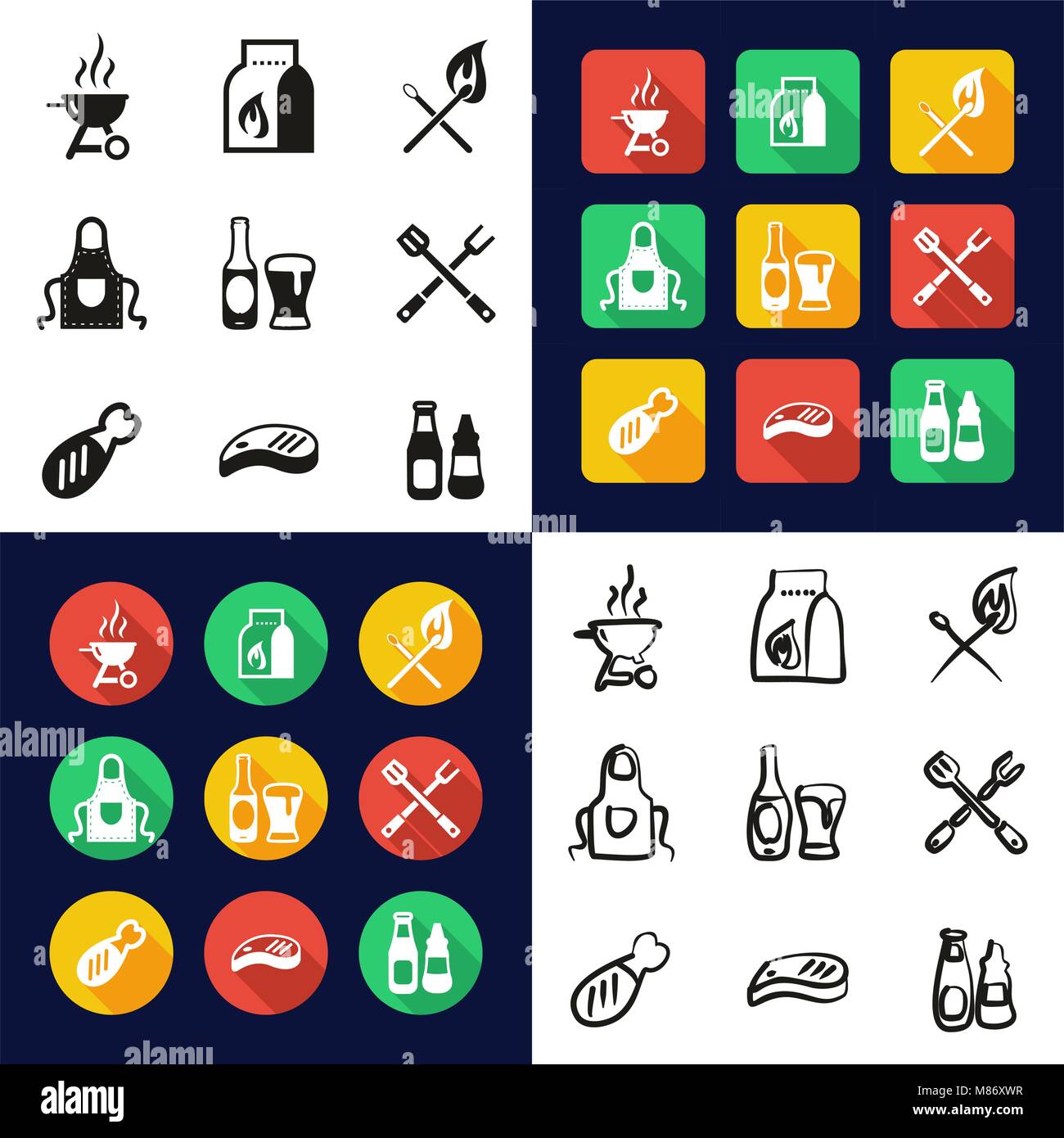 Grill Or Barbecue All in One Icons Black & White Color Flat Design ...