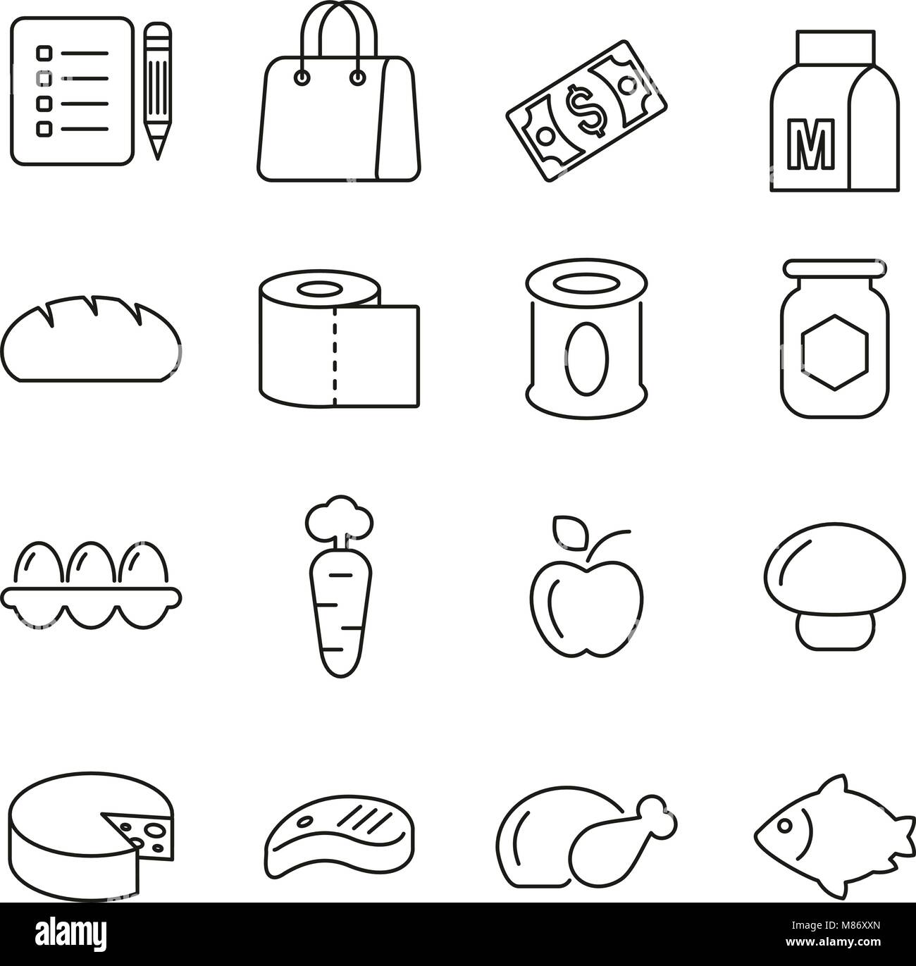 Grocery List or Food Shopping Icons Thin Line Vector Illustration Set ...