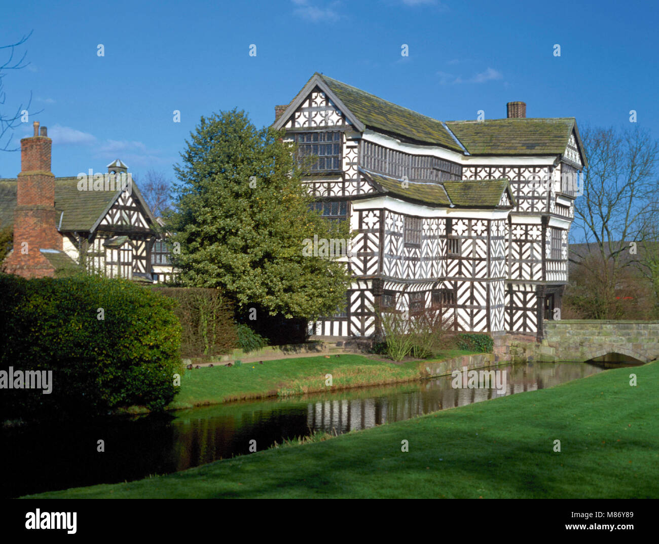 Little Moreton Hall, a 15th century timber framed moated manor house near Congleton, Cheshire Stock Photo