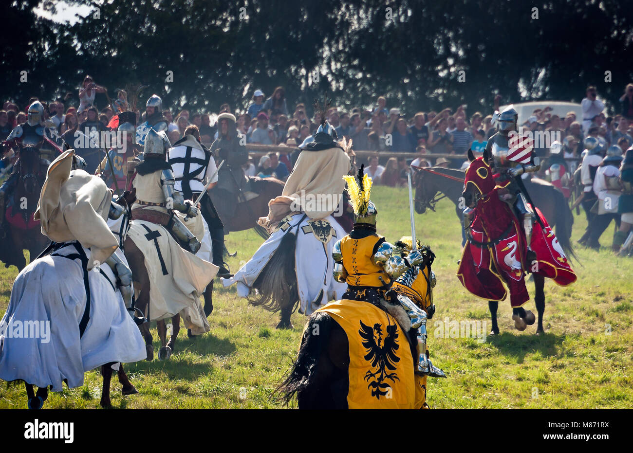 Teutonic Mounted Knights attack  - 601th anniversary of Battle of Grunwald 1410. 4000 reenactors, 1200 knights Stock Photo