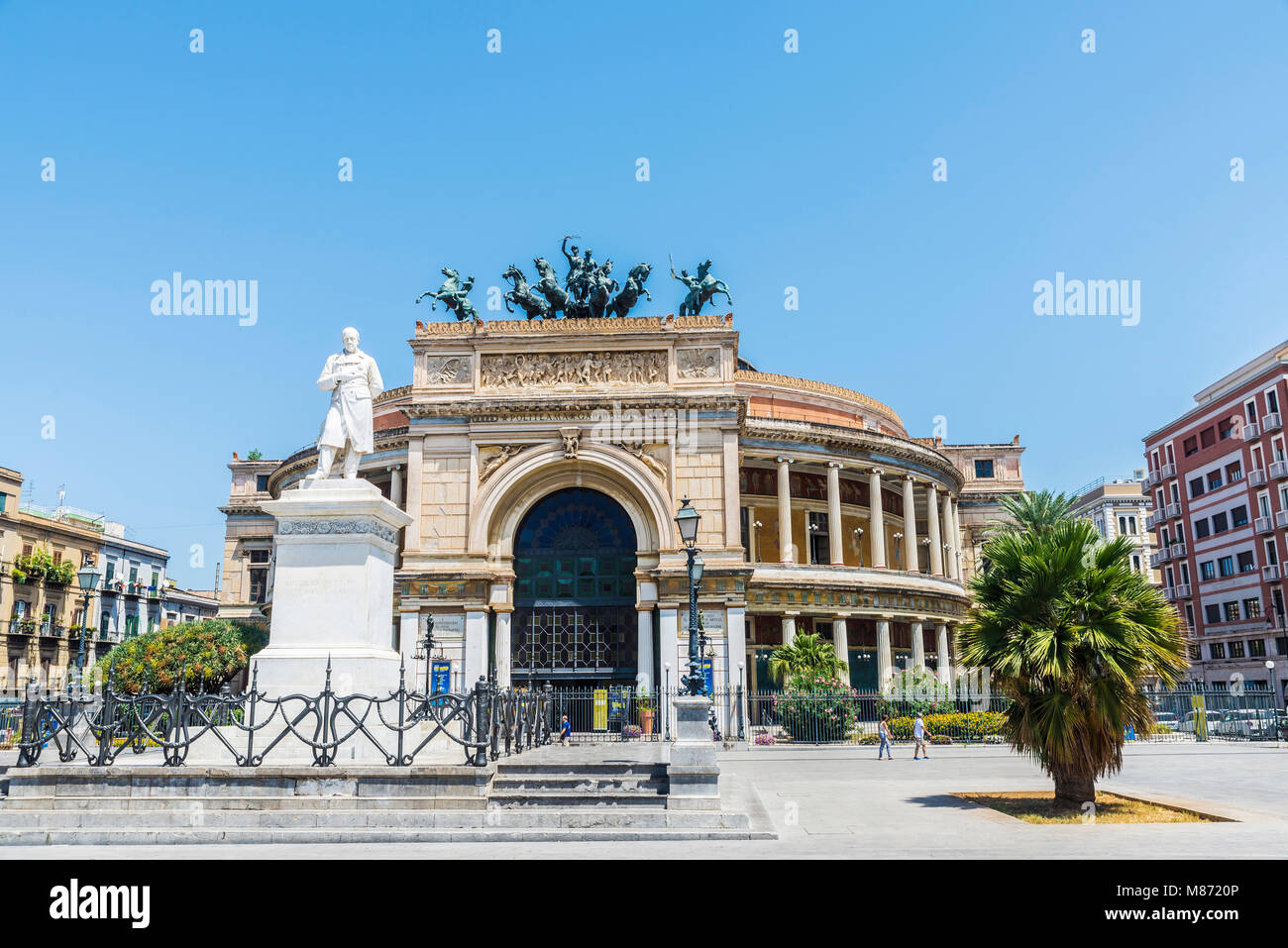 Palermo, Italy - August 10, 2017: Facade of the Politeama Garibaldi Theatre with the statue of Ruggero Settimo in the center of Palermo in Sicily, Ita Stock Photo