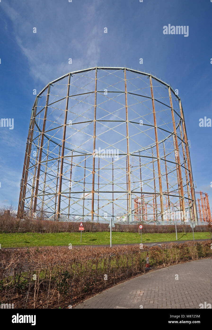 London, Borough of Southwark  The Grade II listed Victorian Gas holder No 13 of 1879 - 1881 off the Old Kent Road. Originally, the world's largest. Stock Photo