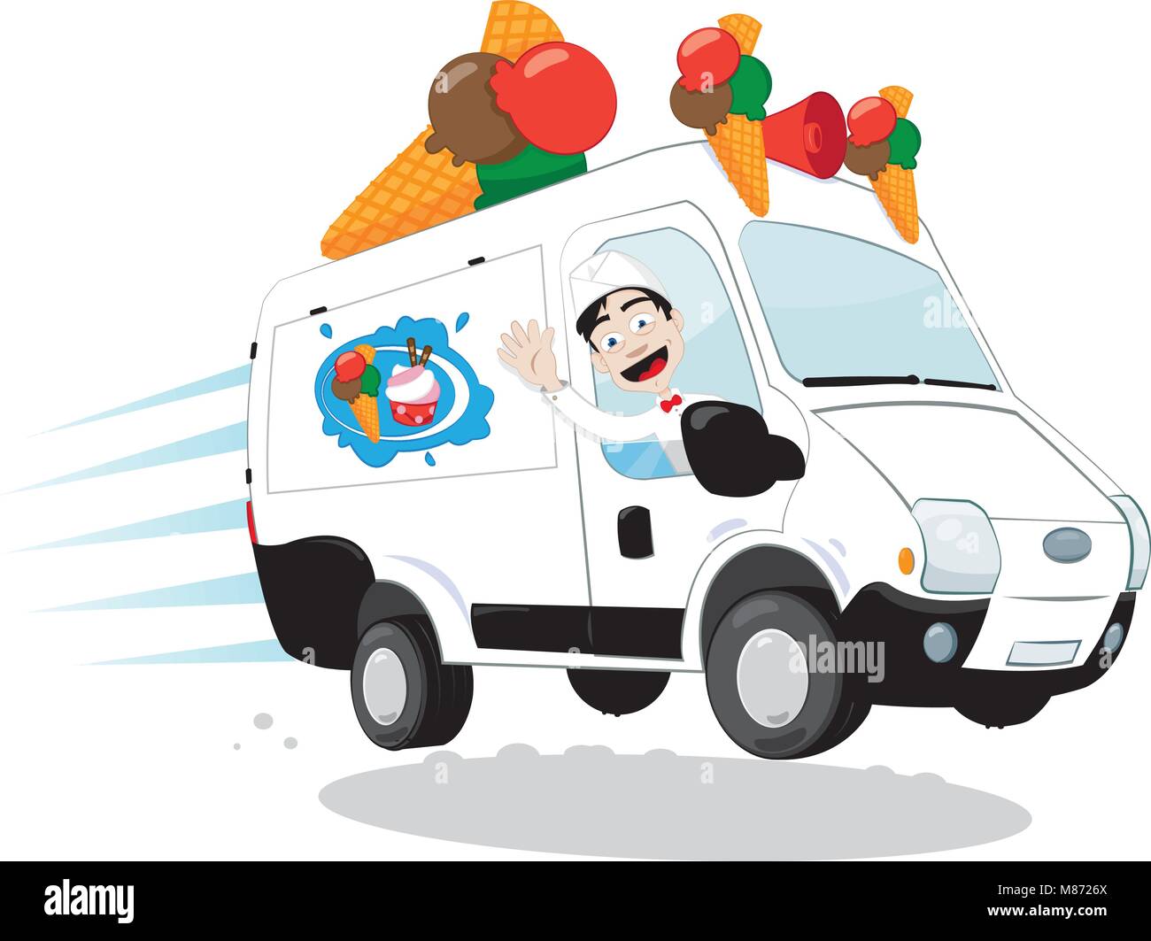 Funny ice-cream van driven by a friendly ice-cream man cheering and smiling Stock Vector