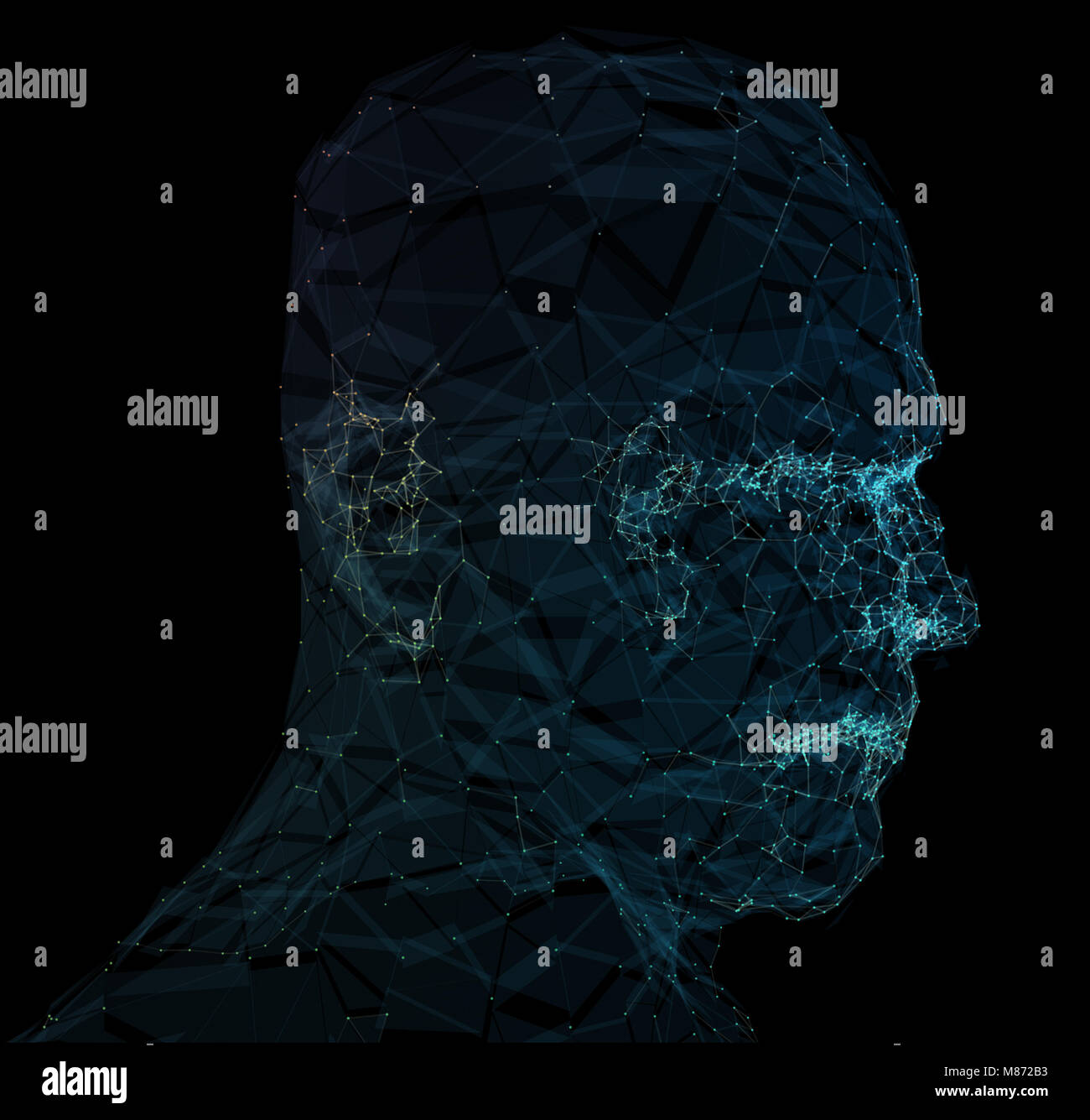 Human head with in 3d space network. Blue abstract futuristic medicine, science and technology background illustration. 3D rendering. Stock Photo