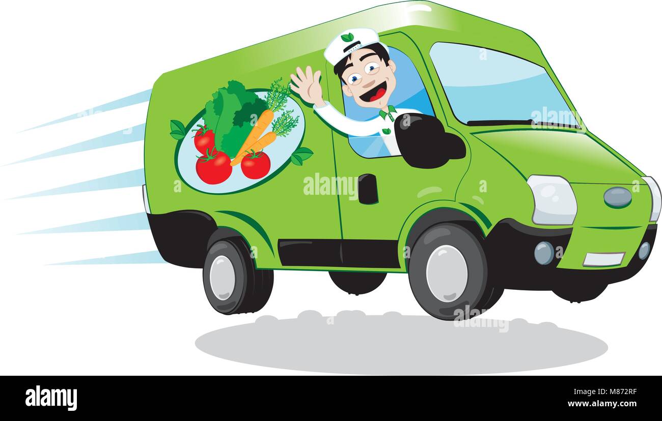 a vector cartoon representing a funny green fresh food delivery van driven by a friendly man cheering - fresh vegetables and fruit delivery concept Stock Vector