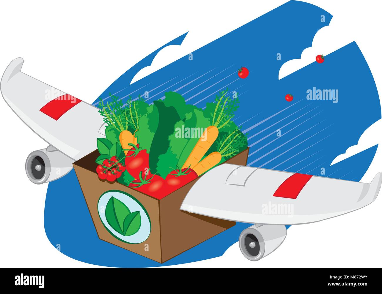 a vector cartoon representing an airplane winged carton package full of fresh vegetables and fruit flying and landing - online order and very fast shi Stock Vector