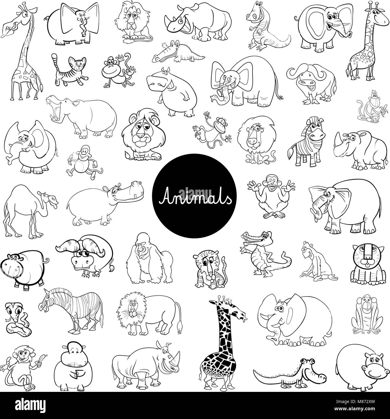 Black and White Cartoon Illustration of Wild Animal Characters Big Set Coloring Book Stock Vector