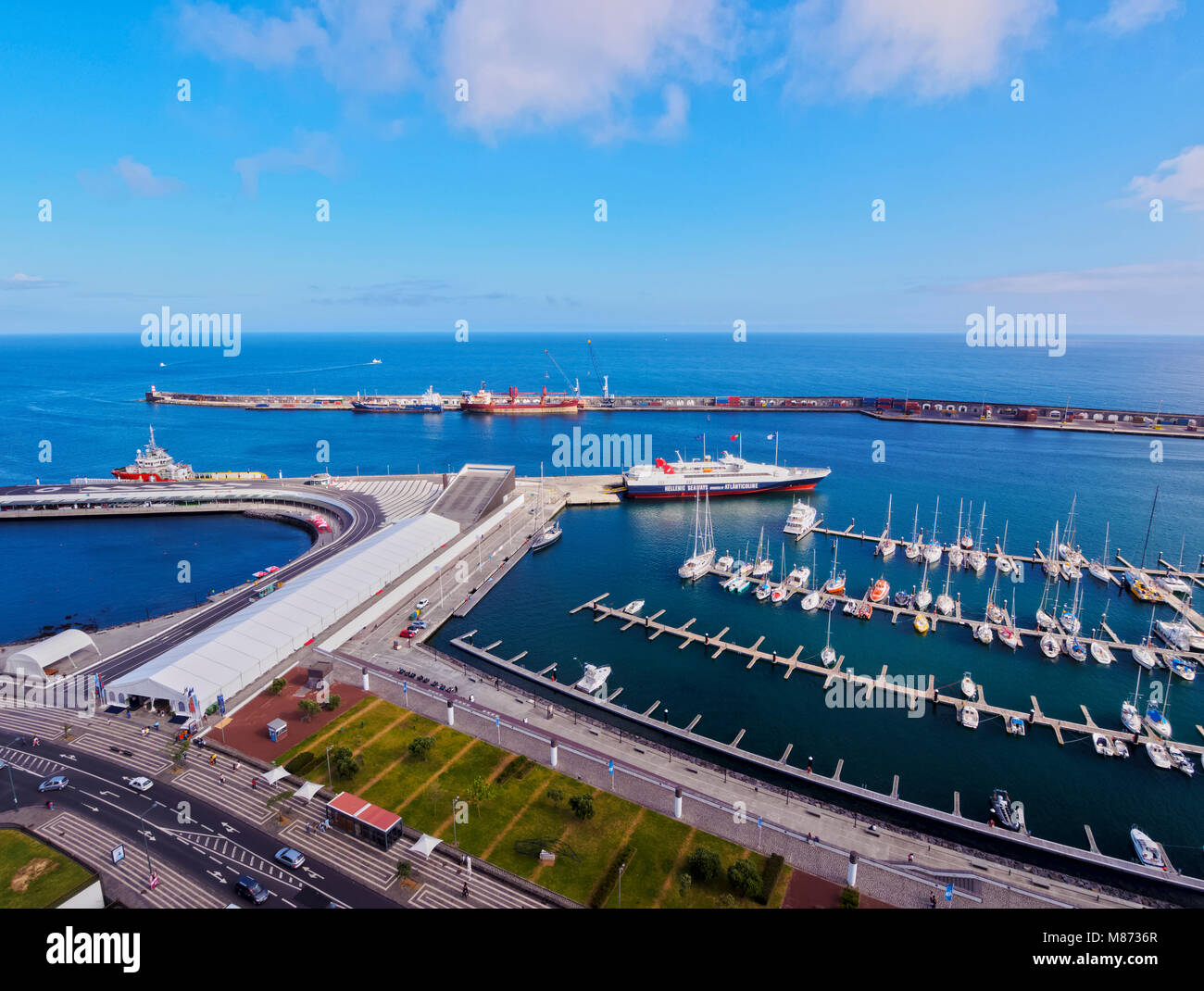 Port in Ponta Delgada, elevated view, Sao Miguel Island, Azores, Portugal Stock Photo