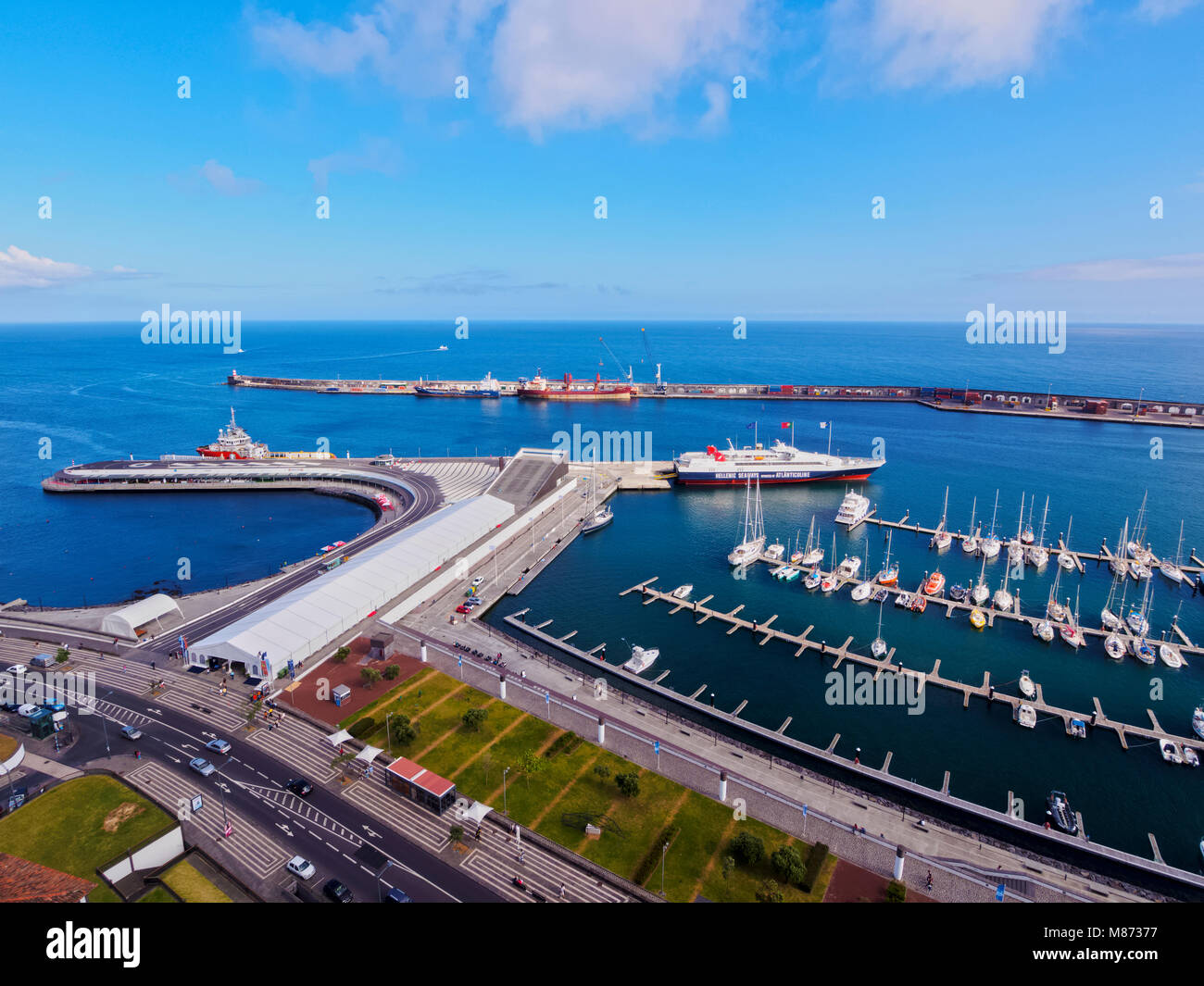 Port in Ponta Delgada, elevated view, Sao Miguel Island, Azores, Portugal Stock Photo