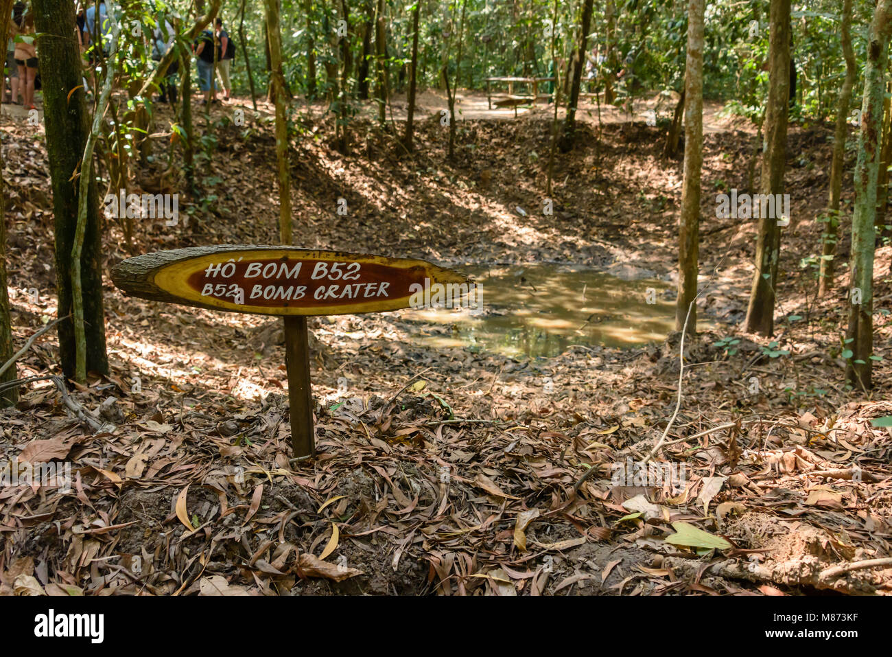 A crater from a single bomb from a B52 in the jungle at the Chi Chu tunnels, Vietnam. Stock Photo