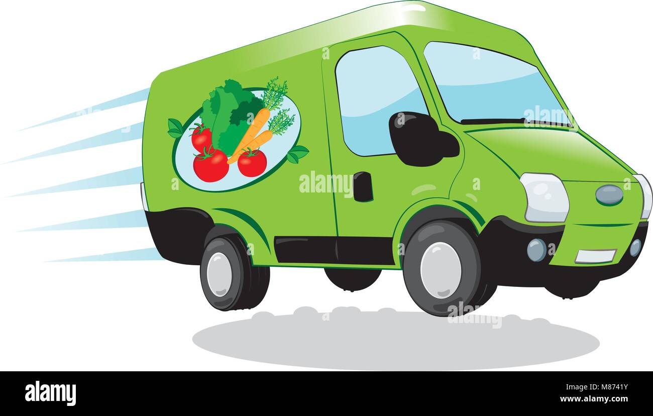 a vector cartoon representing a funny and fast green fresh food delivery van - fresh vegetables and fruit express delivery concept Stock Vector