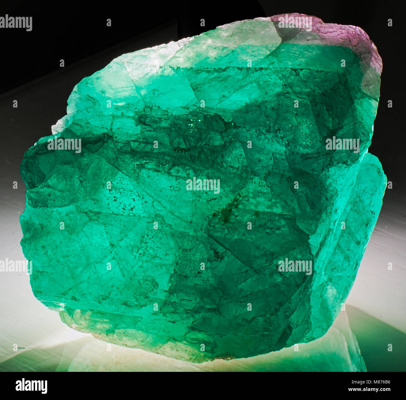 Green and magenta fluorite mineral transparent crystal stone specimen Stock Photo