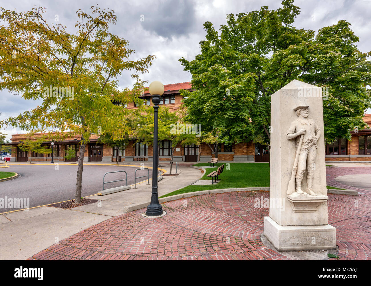 Statue of Captain John Mullan, created by Edgar S. Paxson, 1914, to mark the route of the wagon road he surveyed and built, in Missoula, Montana, USA Stock Photo