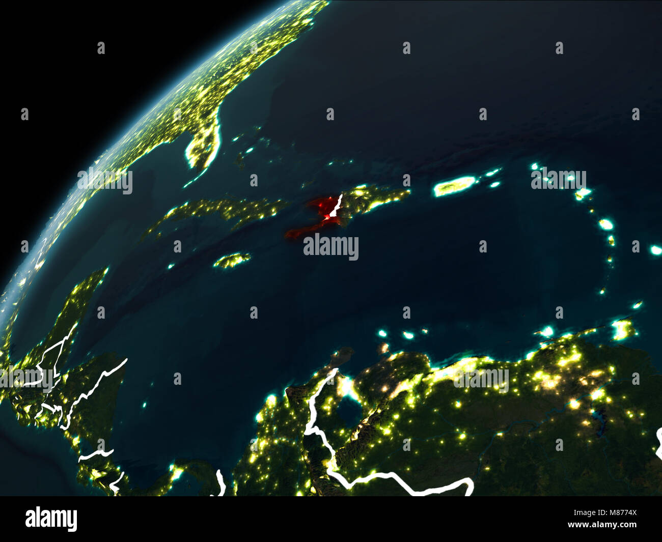 Haiti in red on planet Earth at night with visible borderlines and city ...