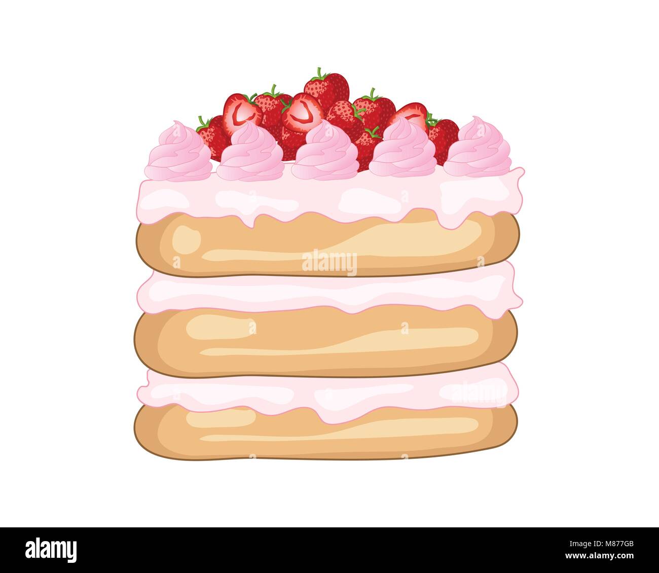 a vector illustration in eps 10 format of a layered strawberry cake with decorations and fresh fruit on a white background Stock Vector