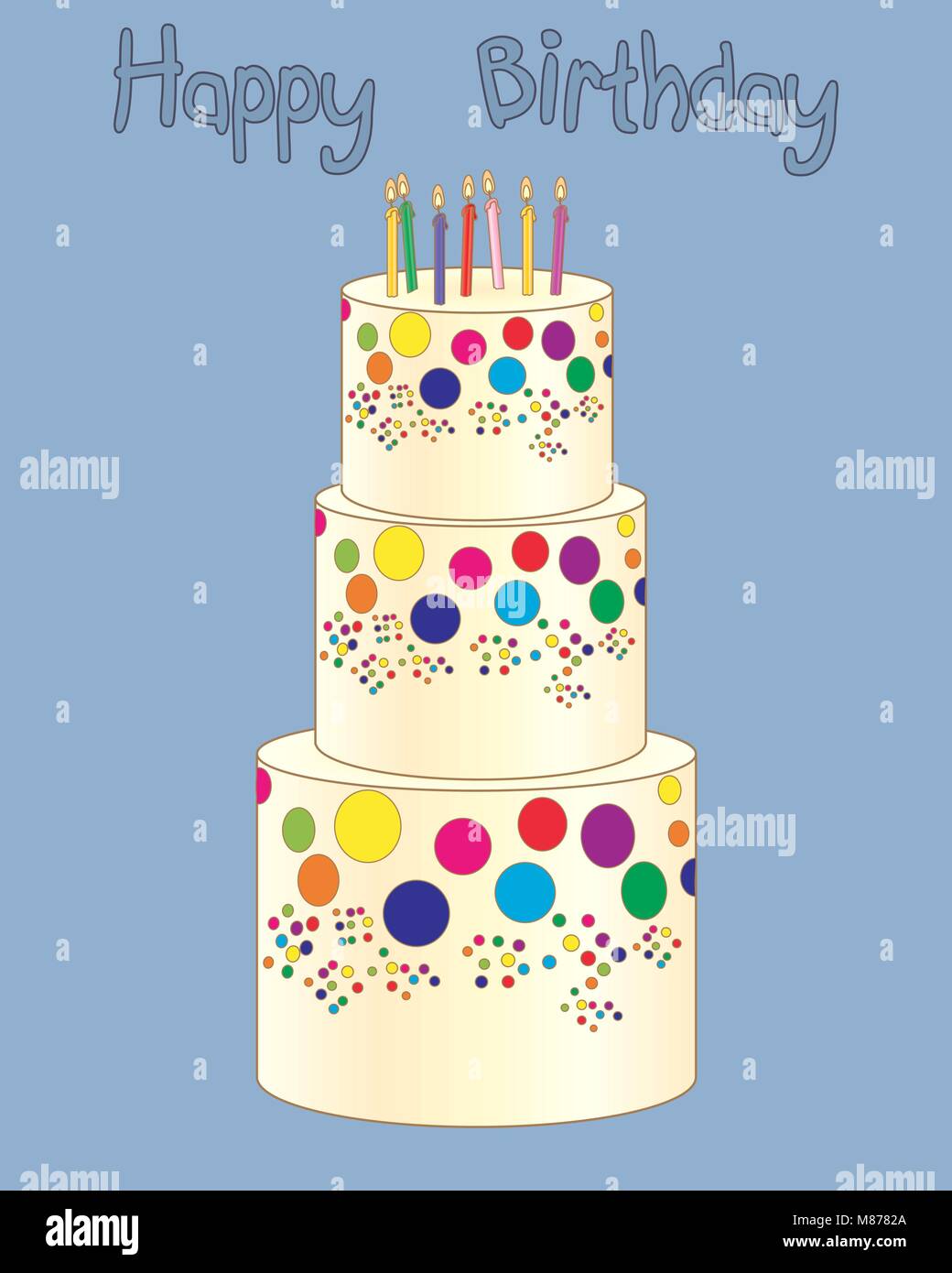 a vector illustration in eps 10 format of a three tier birthday cake with colorful candles on a vintage blue background Stock Vector