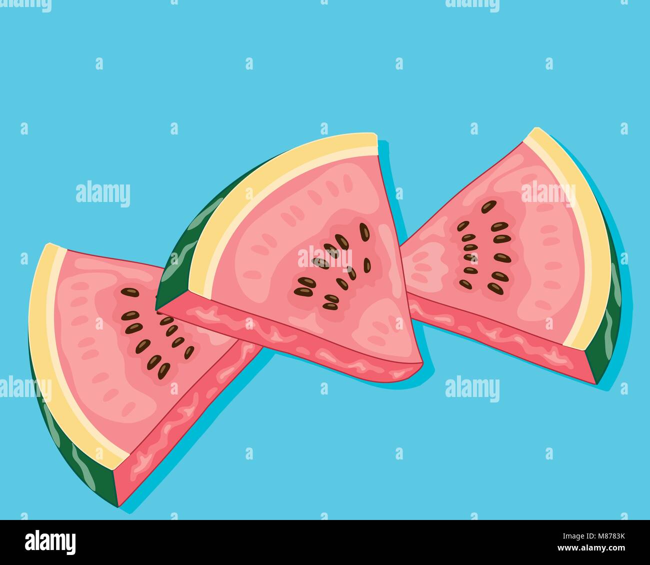 a vector illustration in eps format of three pieces of watermelon on an ocean blue background Stock Vector
