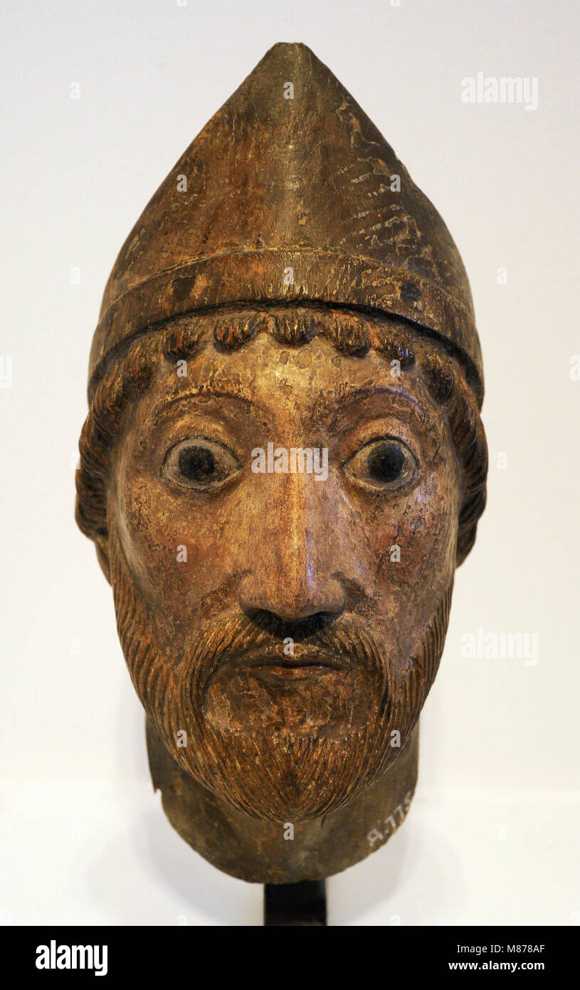Head of a holy Bishop. Cologne, c. 1160-1180. Oak, polychrome. Schnütgen Museum. Cologne, Germany. Stock Photo